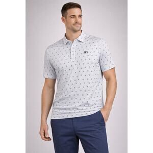 TravisMathew Sun Dip Golf Polo In White with A Geometric Print Men's Size Small